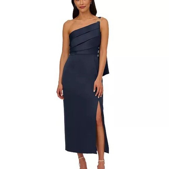 New Adrianna Papell Women’s Size 4 Navy Blue Satin One-Shoulder Gown Dress Maxi - Picture 1 of 14